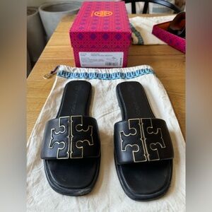 Tory Burch Double T Sport Slide Black and Gold Nappa Leather Size 10.5